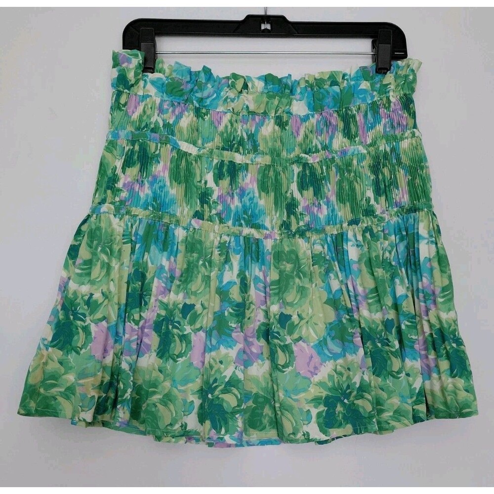 NWT Entro Kelly Green/Multicolor Banded Pleated Ruffle Mini Skirt Size L